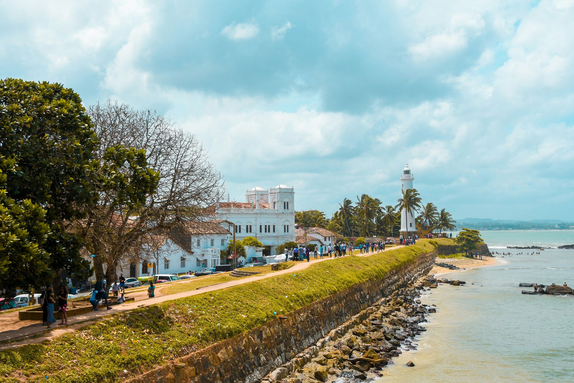 Galle Fort's ramparts and lighthouse along the coast